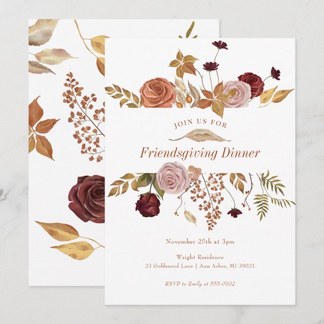 Invitation Elégant automne Floral Woodland Friendsgiving (Devant / Derrière)