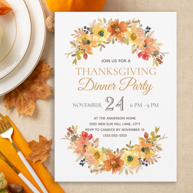 Invitation Élégant automne laisse Floral Thanksgiving Dîner (Elegant fall floral and leaves Thanksgiving Dinner invitation)
