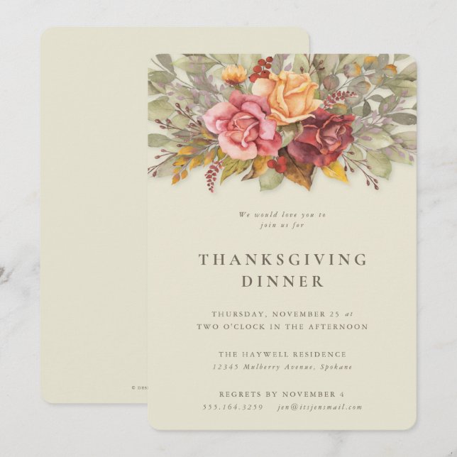 Invitation Élégant Autumnal Floral Frontière Thanksgiving Dîn (Devant / Derrière)