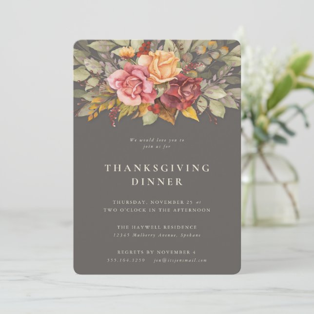 Invitation Élégant Autumnal Floral Frontière Thanksgiving Dîn (Debout devant)