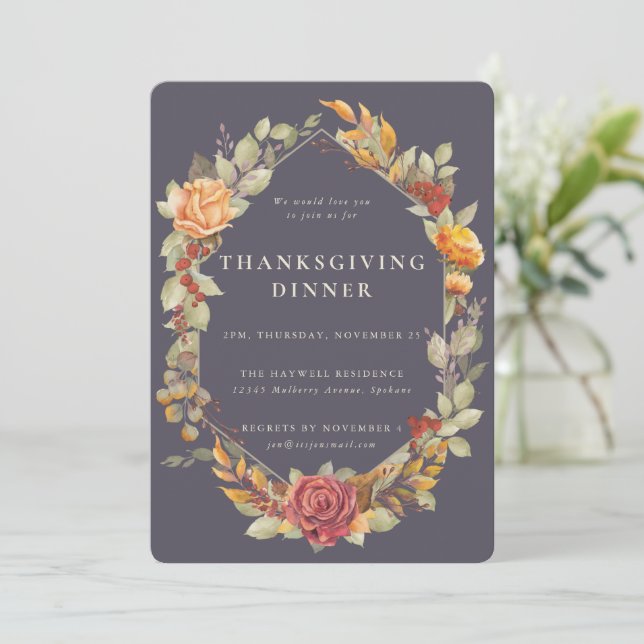Invitation Élégant Autumnal Floral Frontière Thanksgiving Dîn (Debout devant)