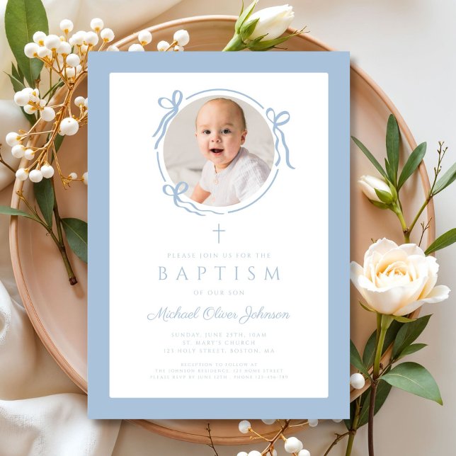 Invitation Elegant Baby Blue Bow Boy Photo Baptism (Elegant Baby Blue Bow Boy Photo Baptism Invitation)