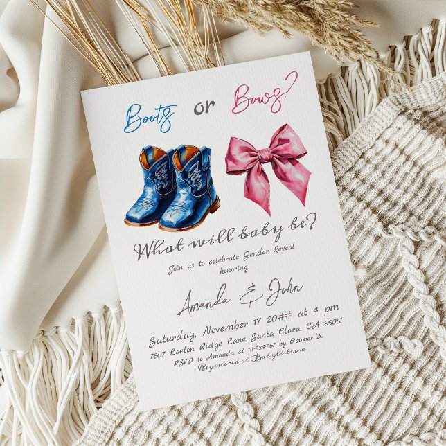 Invitation Elegant Baby Boots or Bows Pink Blue Gender Reveal (Créateur téléchargé)