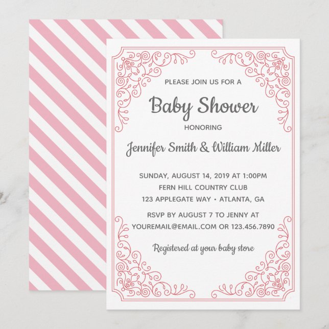 Invitation Élégant Baby shower à cadre tourbillon rose (Devant / Derrière)