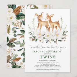 Invitation Elégant Baby shower à fleurs blanches de cerf jume