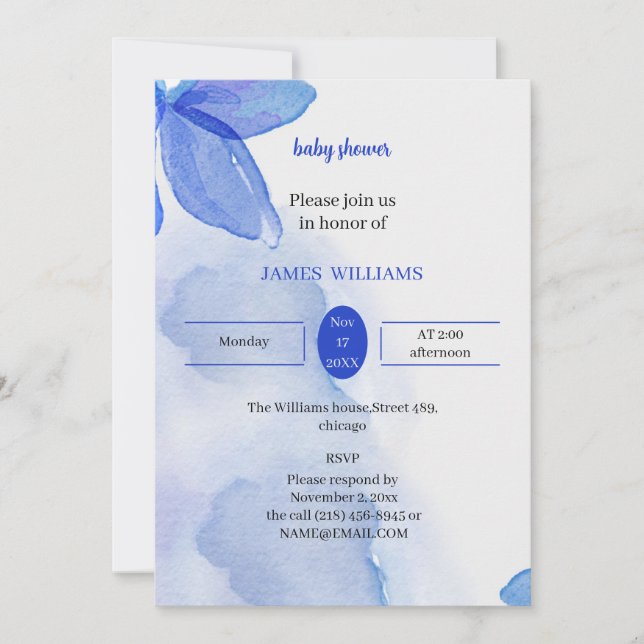 Invitation Élégant Baby shower à fleurs bleues Customisé (Devant)