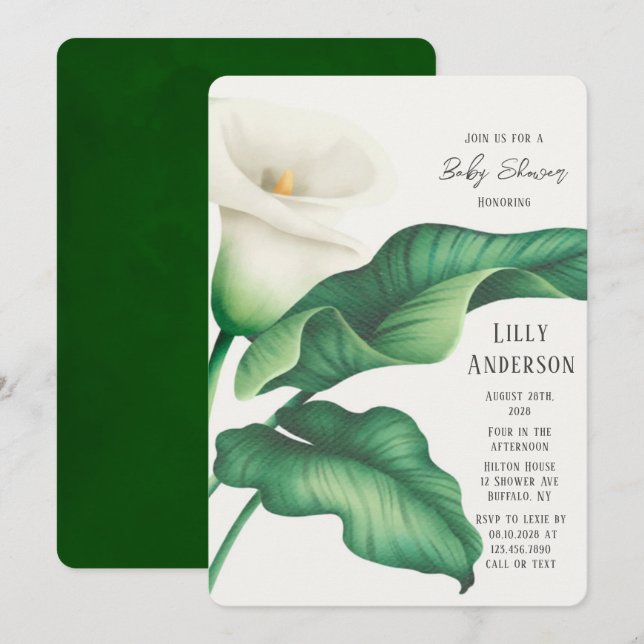 Invitation Elégant Baby shower à fleurs Lilly Aquarelle (Devant / Derrière)