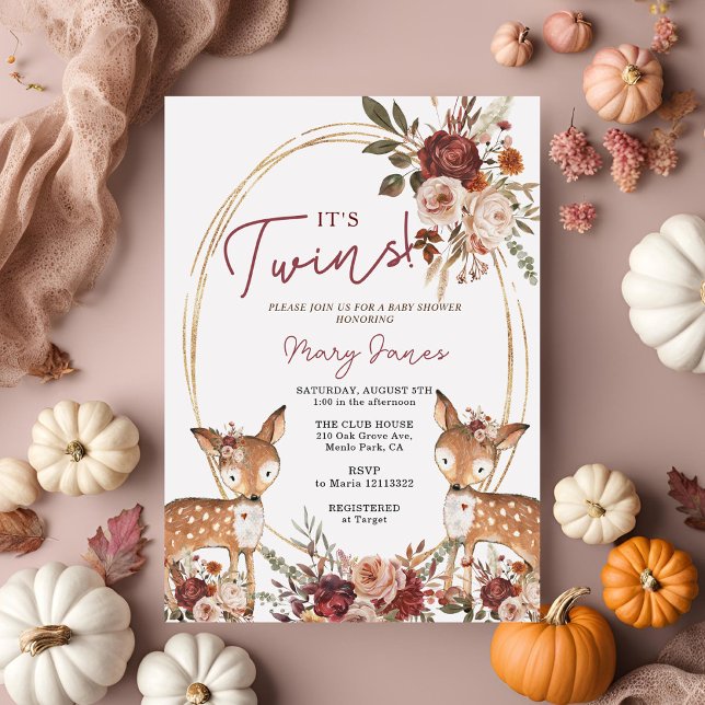 Invitation Elégant Baby shower à fleurs Twin Deer Marsala (Créateur téléchargé)