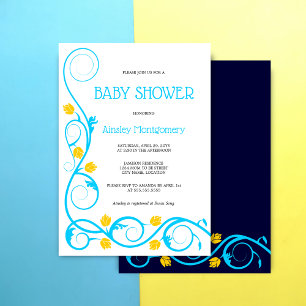 Invitation Elégant Baby shower Aqua Blue Jaune Floral Swirls