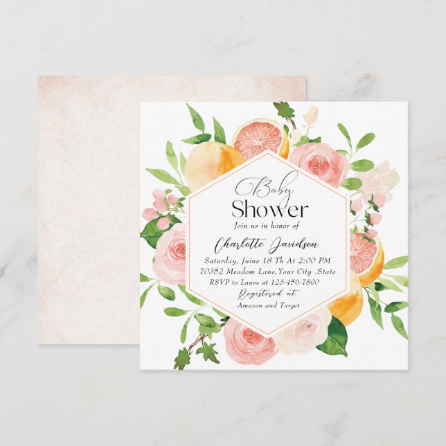 Invitation Elégant Baby shower Aquarelle Citrus rose Fleurs (Devant / Derrière)