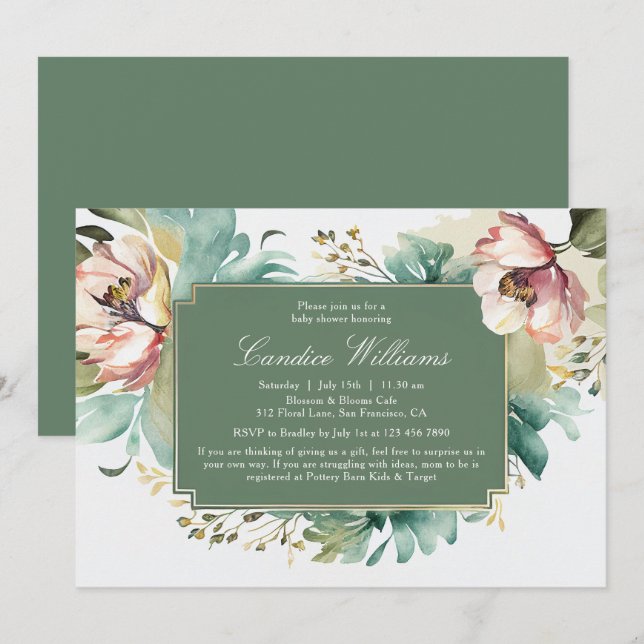 Invitation Elégant Baby shower aquarelle Floral Couples (Devant / Derrière)