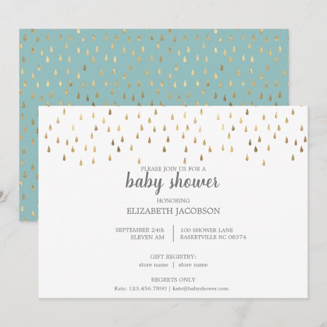 Invitation Élégant Baby shower Bébé Bleu & Or Raindrops (Devant / Derrière)