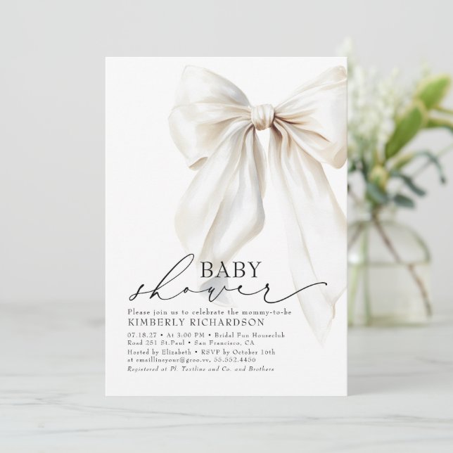 Invitation Elégant Baby shower blanc Bow Chic Cream (Debout devant)