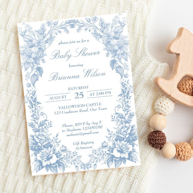 Invitation Élégant baby shower bleu chinoiserie toile françai (Elegant French toile chinoiserie blue baby shower Invitation editable template boy baby shower)