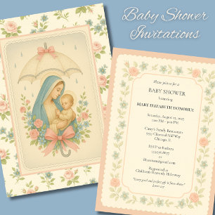 Invitation Elégant Baby shower Bleu Floral Religieux