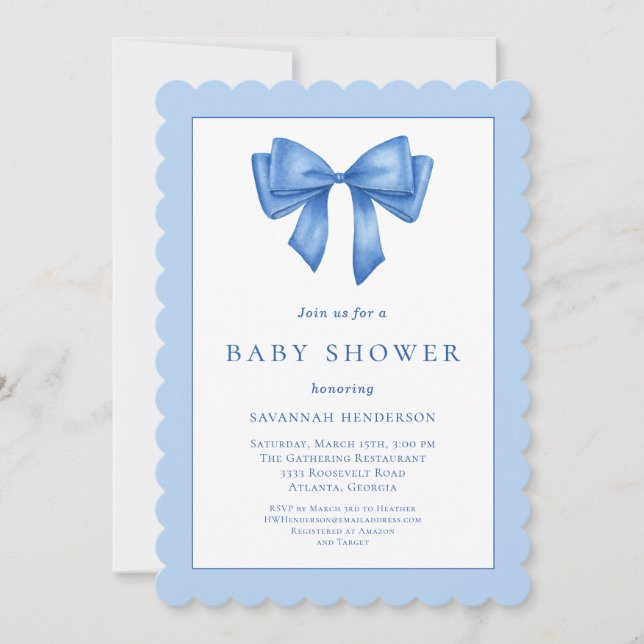 Invitation Élégant Baby shower Bleu Ruban Bow (Devant)