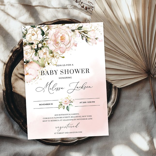 Invitation Elégant baby shower boho rose doux (Elegant Soft pink floral gold boho baby shower Invitation)