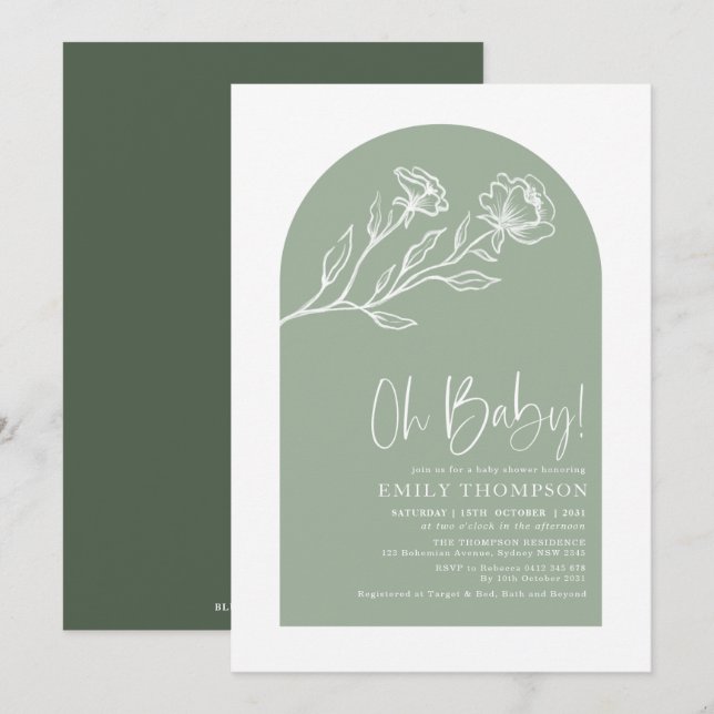 Invitation Elégant Baby shower Botanique Vert Sage (Devant / Derrière)