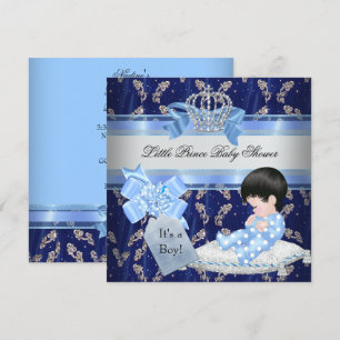Invitation Elégant Baby shower Boy Blue Little Prince Crown