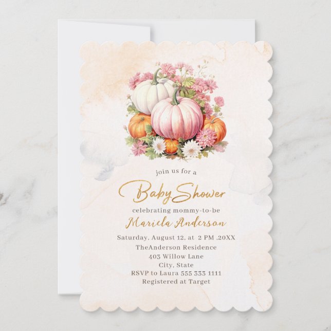 Invitation Elégant Baby shower Citrouille aquarelle (Devant)