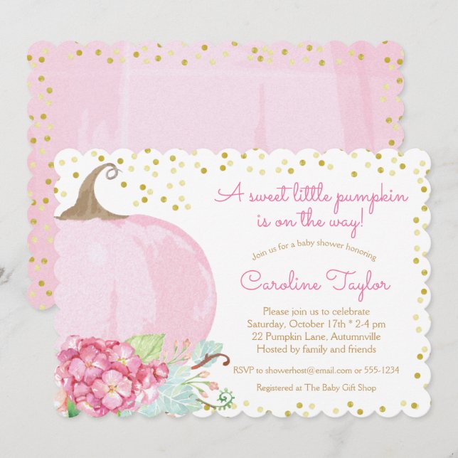 Invitation Elégant Baby shower Citrouille Aquarelle Rose Or (Devant / Derrière)