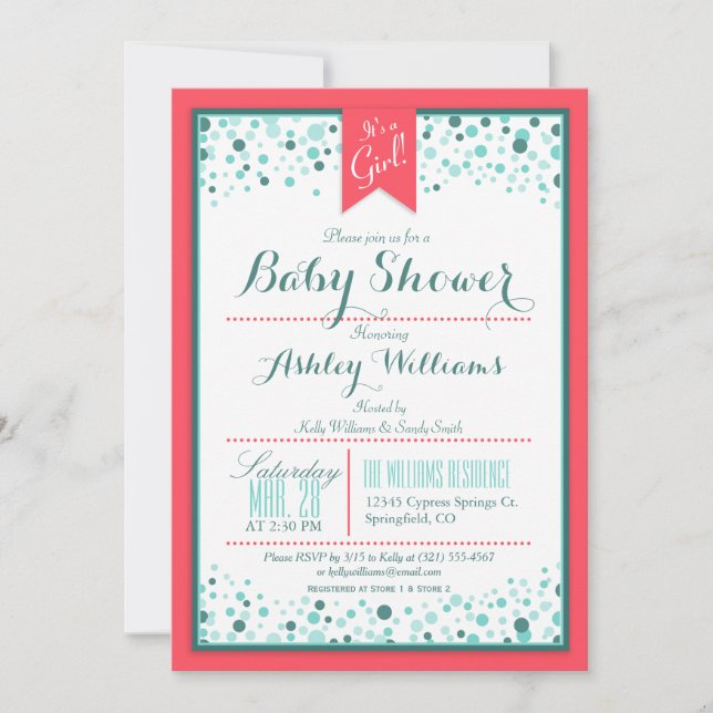 Invitation Elégant Baby shower Coral et Aqua Confetti (Devant)
