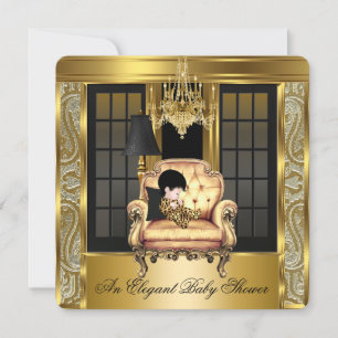 Invitation Élégant Baby Shower Damask Lustre Doré Chaise 2
