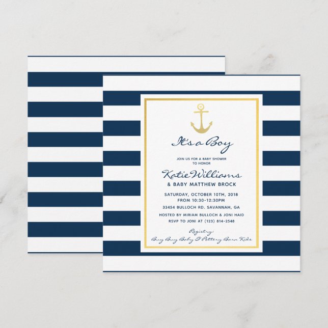 Invitation Elégant Baby shower d'Ancre marine et d'or (Devant / Derrière)