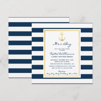 Invitation Elégant Baby shower d'Ancre marine et d'or