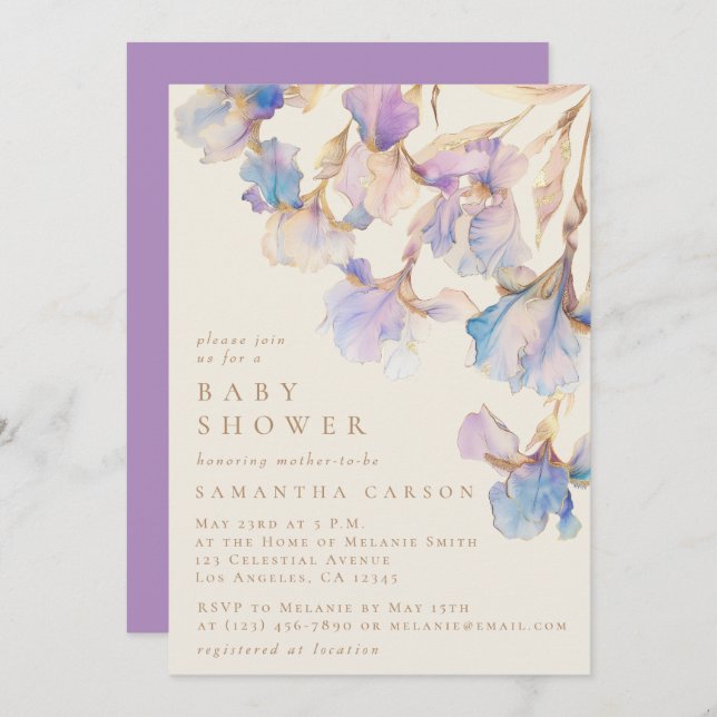 Invitation Elégant Baby shower d'aquarelle florale Iris (Devant / Derrière)