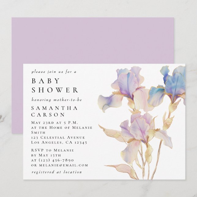Invitation Elégant Baby shower d'aquarelle florale Iris (Devant / Derrière)