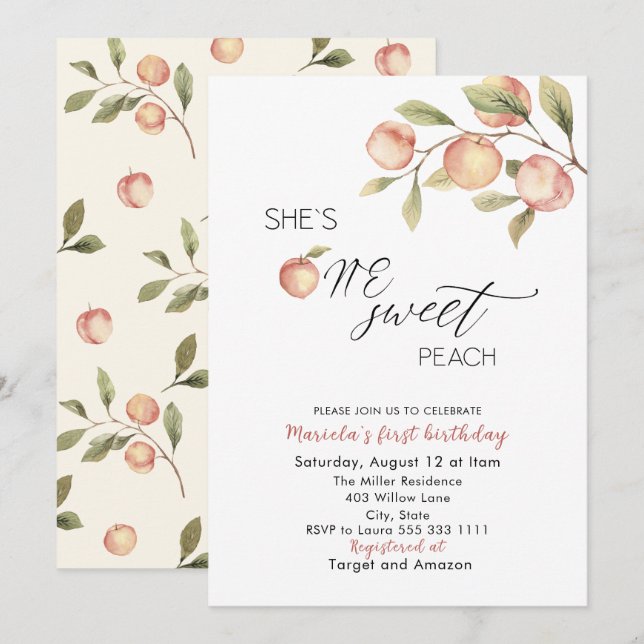Invitation Elégant Baby shower d'aquarelle Little Peach (Devant / Derrière)