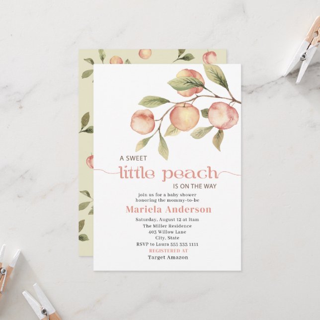 Invitation Elégant Baby shower d'aquarelle Little Peach (Devant/Arrière en situation)
