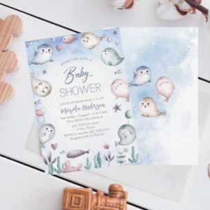 Invitation Elégant Baby shower d'aquarelle pour bébé phoque