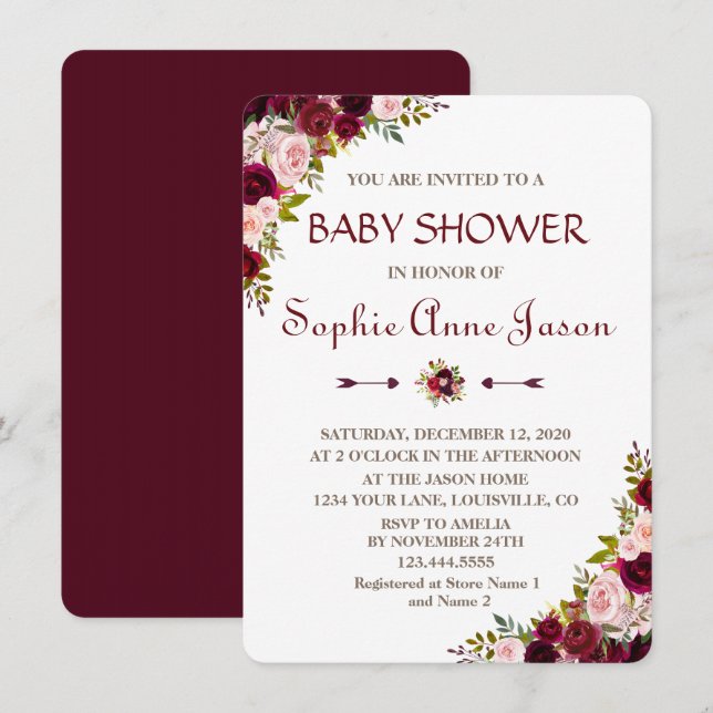 Invitation Elégant Baby shower d'automne floral de Marsala Bo (Devant / Derrière)