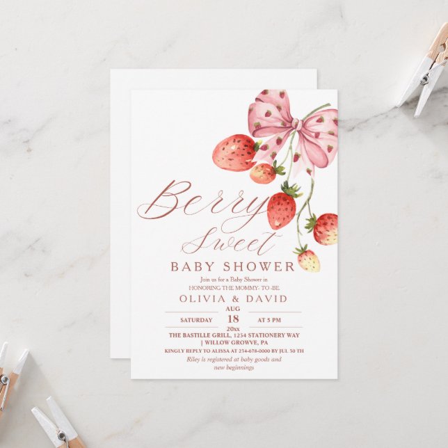 Invitation Élégant Baby shower de baies sucrées (Devant/Arrière en situation)