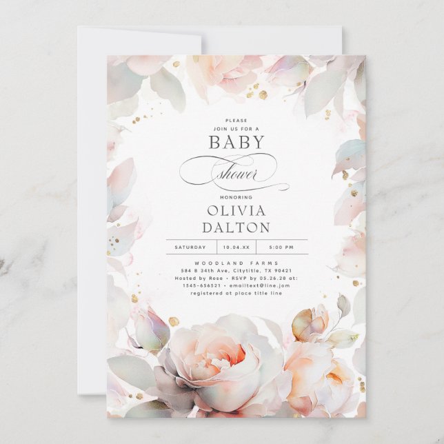 Invitation Élégant Baby shower de Boho Floral Peach Rose Peac (Devant)