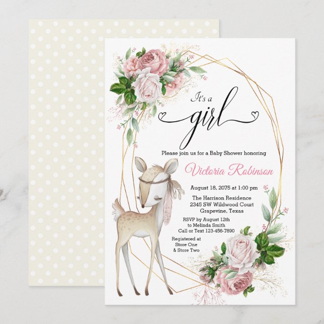 Invitation Elégant Baby shower de bois de cerf fille (Devant / Derrière)