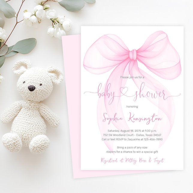 Invitation Élégant Baby shower de cabot rose (Delicate pink bow baby shower invitation. Simply add your event details.)