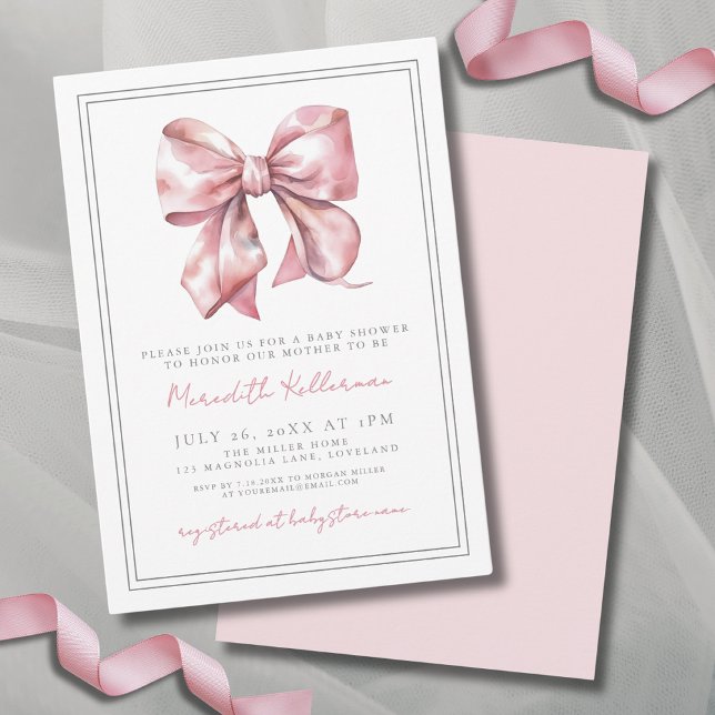 Invitation Élégant Baby shower de cabot rose (Elegant Pink Bow Baby Shower Invitation)