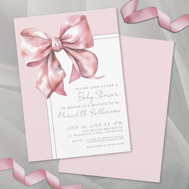 Invitation Élégant Baby shower de cabot rose (Elegant Pink Bow Baby Shower Invitation)