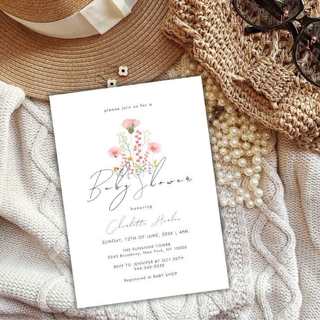 Invitation Élégant Baby shower de calligraphie florale Fleur  (Elegant Wildflower Floral Calligraphy Baby Shower Invitation)