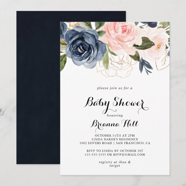 Invitation Élégant Baby shower de calligraphie florale hivern (Devant / Derrière)