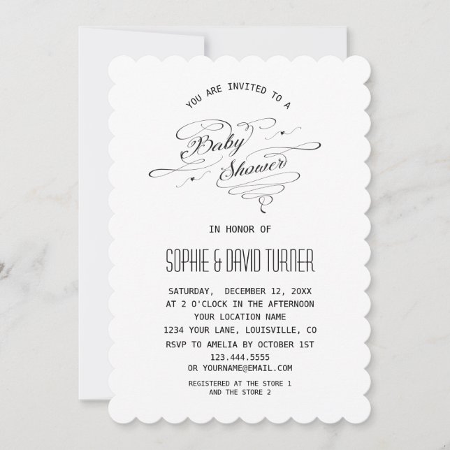 Invitation Élégant Baby shower de calligraphie noir et blanc (Devant)