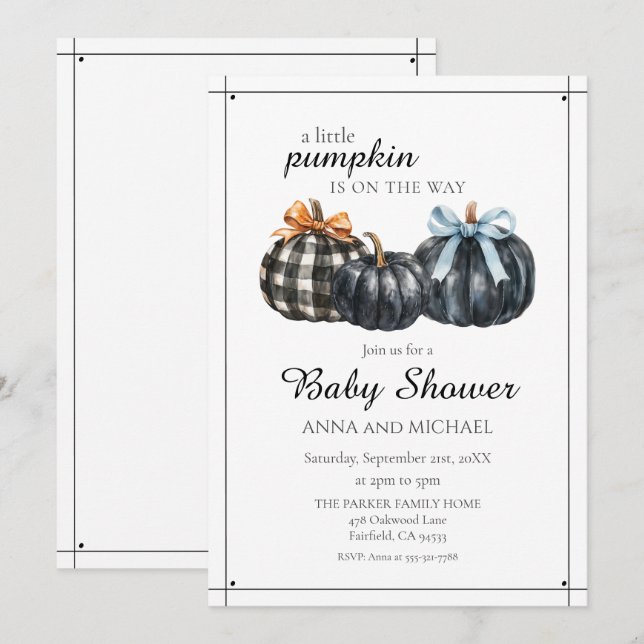 Invitation Elégant Baby shower de Citrouille d'aquarelle noir (Devant / Derrière)