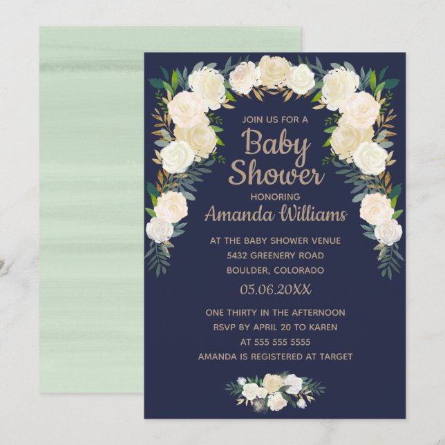 Invitation Elégant Baby shower de couronne bleu floral de la  (Devant / Derrière)