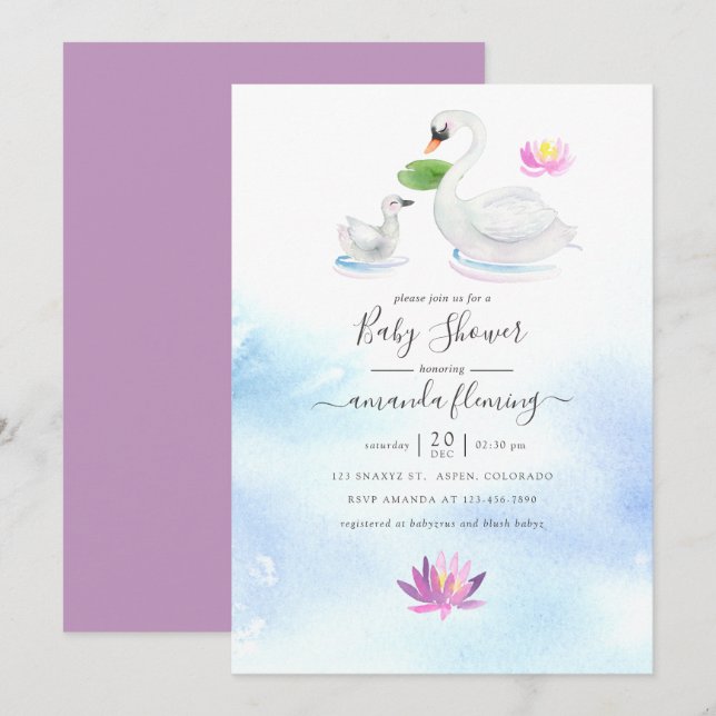 Invitation Elégant Baby shower de cygne et d'aquarelle Lotus (Devant / Derrière)