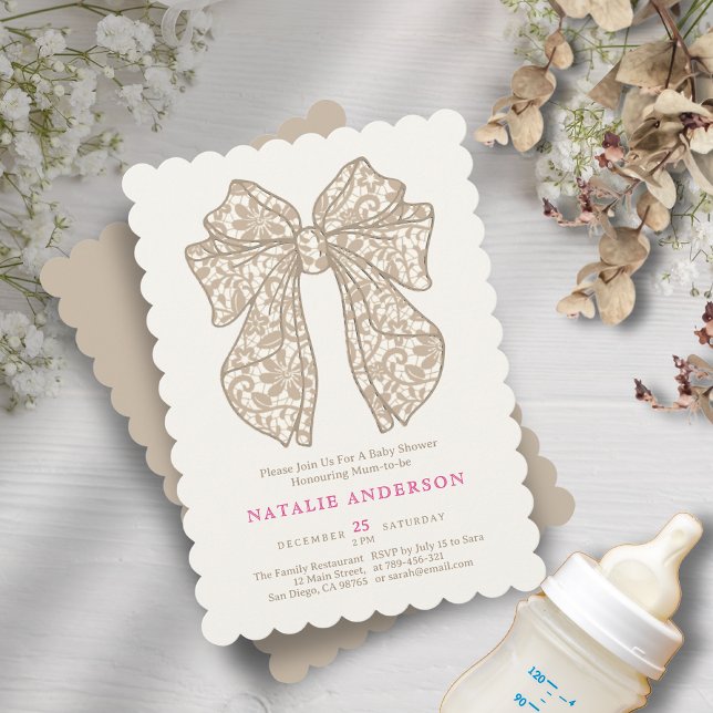 Invitation Elégant Baby shower de dentelle fleurie beige neut (Elegant Neutral Beige Floral Lace Bow Baby Shower Invitation)