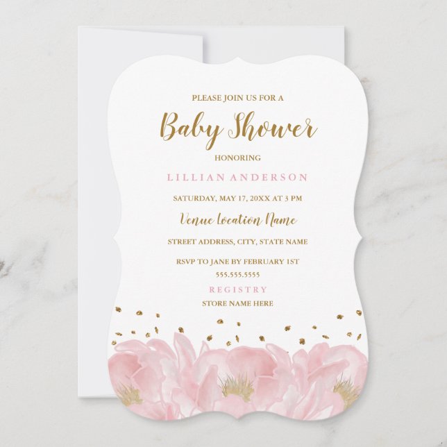 Invitation Élégant Baby shower de fille de pivoine rose or (Devant)
