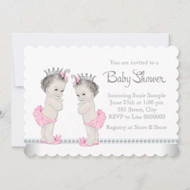 Invitation Élégant Baby shower de fille jumelle rose (Devant)
